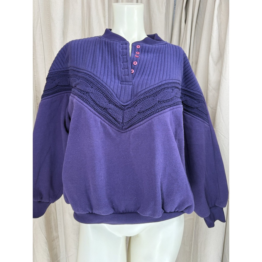 Vintage Casual Bay Purple Cable Knit Yoke Button Neck Sweatshirt XL